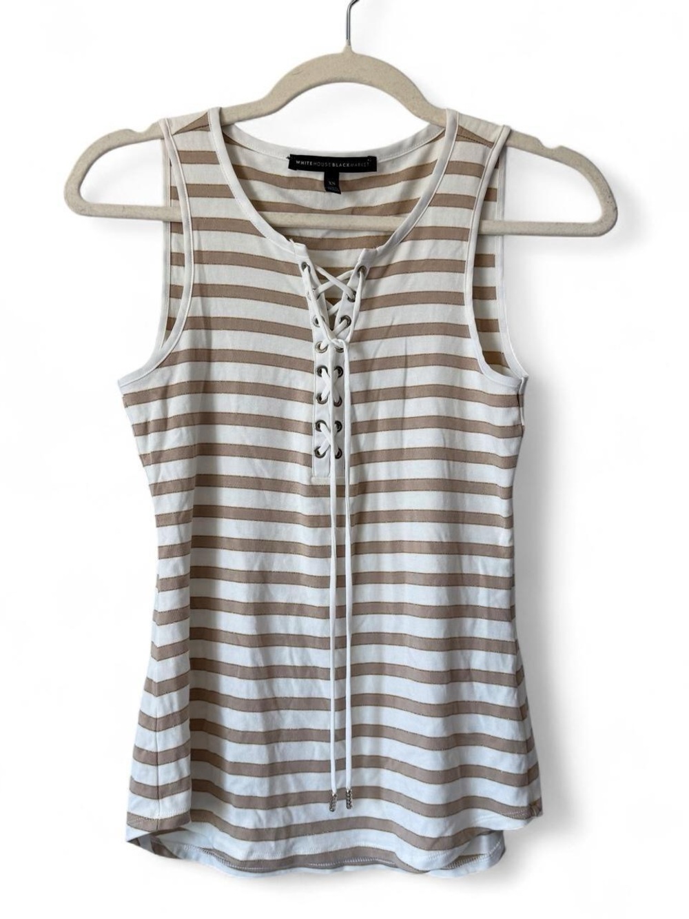 White House Black Market White & Tan Striped Lace-Up Tank